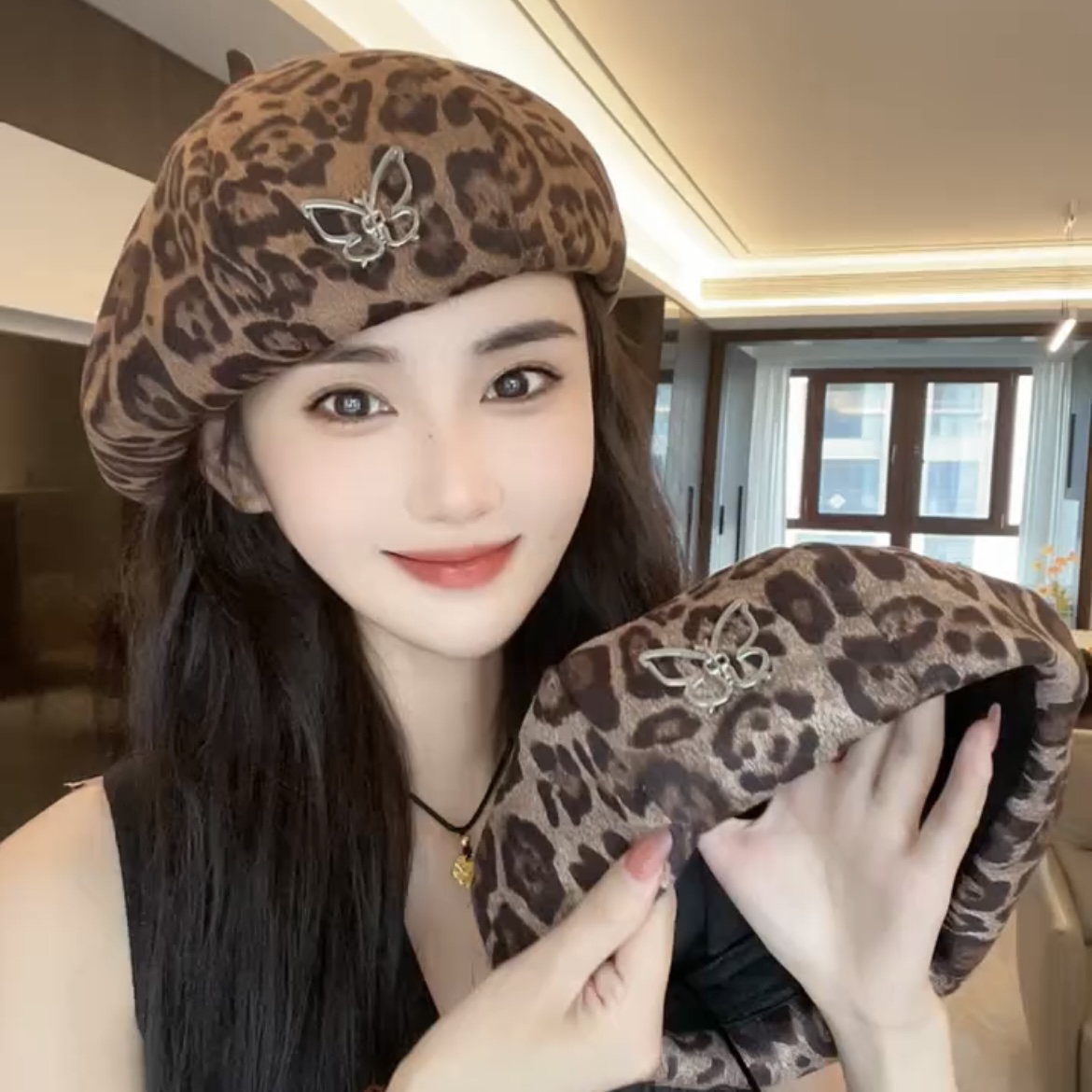 复古豹纹贝雷帽子女时尚百搭画家帽显脸小日系蓓蕾帽大头围南瓜帽