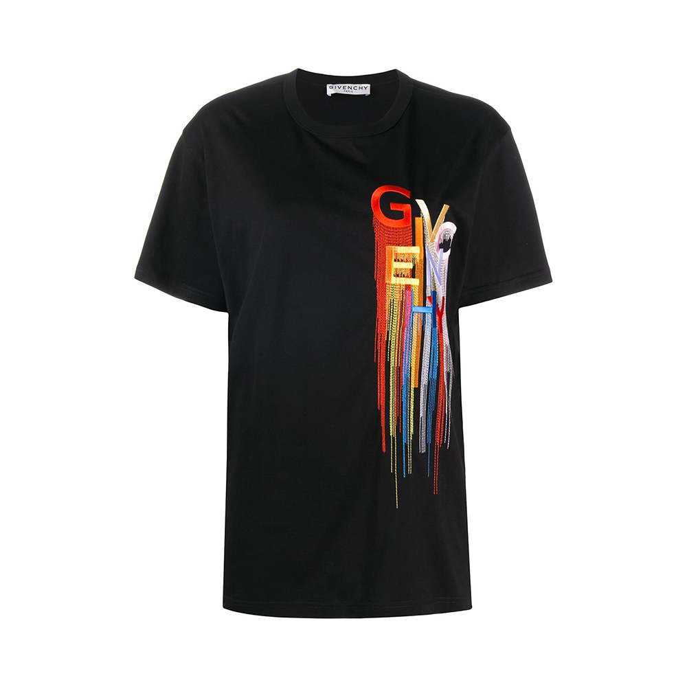 GIVENCHY 女士黑色棉质彩色徽标刺绣圆领短袖T恤 BW707Z3Z43-001
