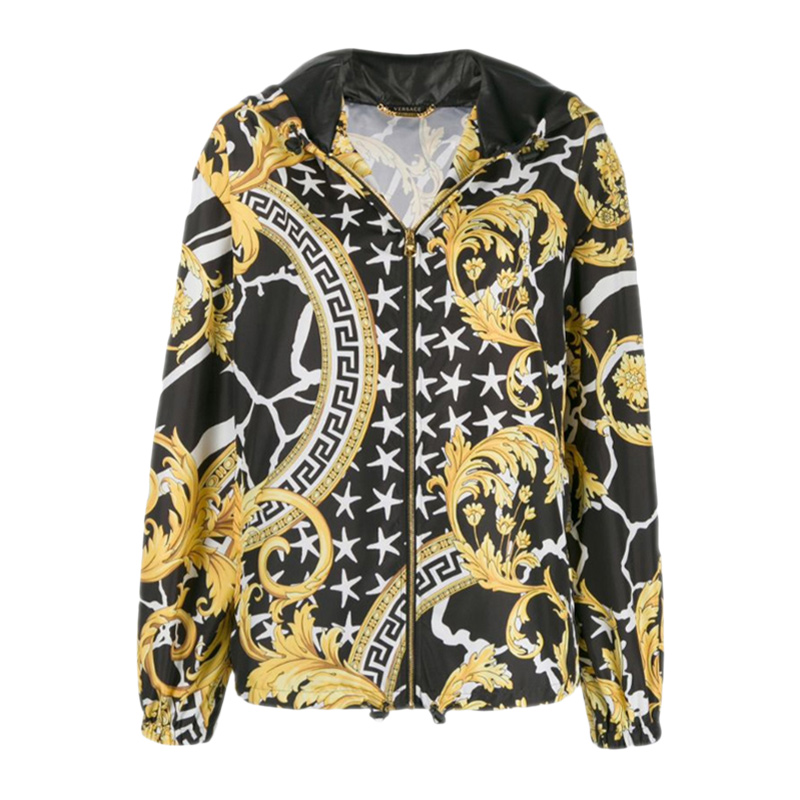 Versace/范思哲女士拼色潮流百搭夹克印花连帽拉链休闲宽松外套