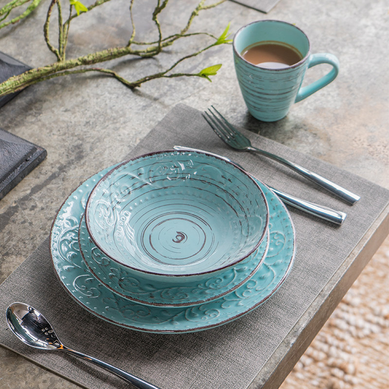 美式西餐冷盘复古浮雕陶瓷汤盘沙拉盘牛排餐盘平盘餐具仪式感套装