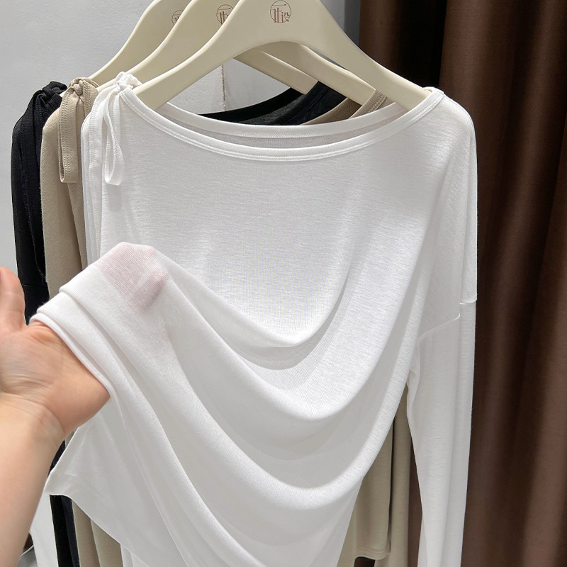 一字领白色T恤女夏新款宽松设计感小众系带防晒长袖罩衫冰丝0228r