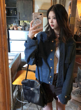 蓝色牛仔外套春秋水洗宽松小个子短款中古老钱风夹克