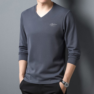 v领长袖t恤中年男士春秋季2025新款潮牌薄款上衣服男款内搭打底衫