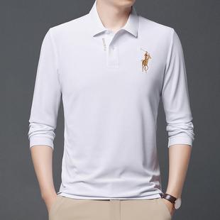 长袖纯棉t恤白色高档大马标金色刺绣体桖衫中年上衣