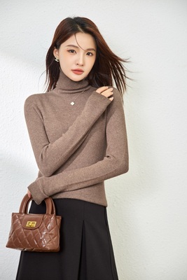 一线成衣100纯山羊绒衫女高领秋冬季针织打底羊毛修身堆堆领毛衣