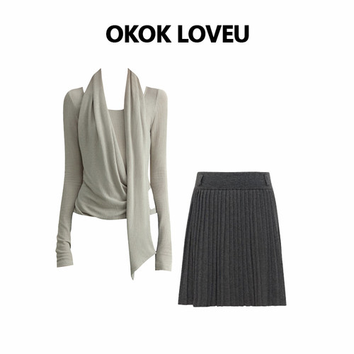 优雅围巾领显瘦针织半裙两件套