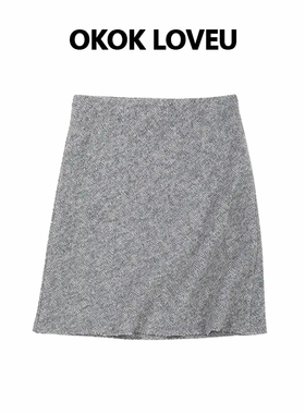 OKOK LOVEU 简约老钱风高端羊毛针织A字半身裙女灰色中腰百搭短裙