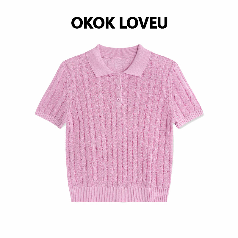 OKOK LOVEU【粉色回忆针织polo】衫女显瘦气质翻领麻花短袖上衣女