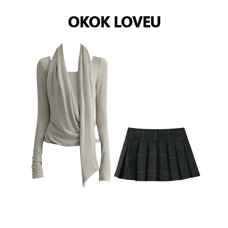 OKOK LOVEU 知性优雅风针织挂脖上衣百褶短裙女冬季叠穿时尚套装