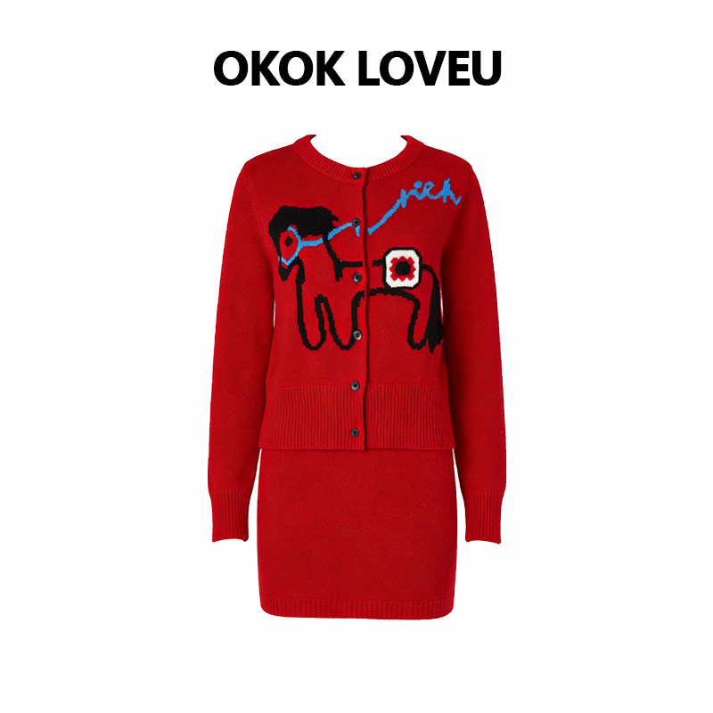 OKOK LOVEU 新年氛围感红色趣味卡通针织衫半身裙两件套气质穿搭