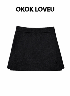 【OKOK LOVEU】两侧开叉小蜜蜂刺绣黑色裤裙毛呢短裤半身裙短裙女