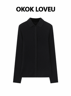 OKOKLOVEU“欧式简调”气质翻领黑色针织衬衫单排扣设计修身上衣