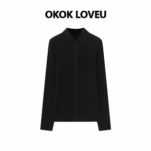 单排扣设计修身 OKOKLOVEU 气质翻领黑色针织衬衫 简调 上衣 欧式