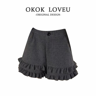 灰色花边阔腿短裤女冬季新款高腰显瘦百搭休闲裤层次感毛呢短裤子