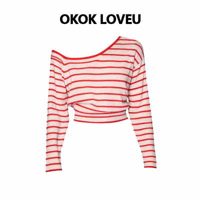 圣诞红条纹斜肩修身针织打底衫