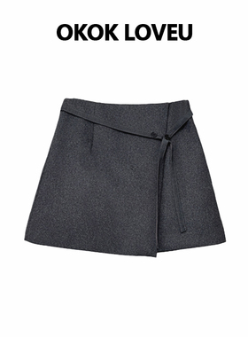 OKOK LOVEU 羊毛气质半身裙A字短裙系带纽扣防走光高腰裙子女秋冬