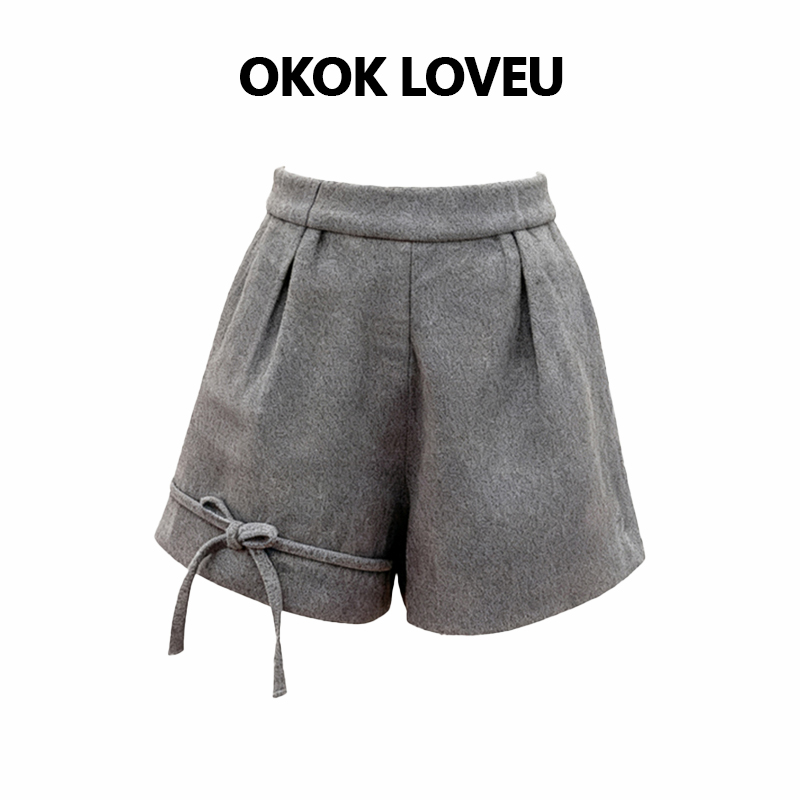 日系灰色蝴蝶结高腰短裤女2025秋冬季新款绑带宽松百搭休闲阔腿裤