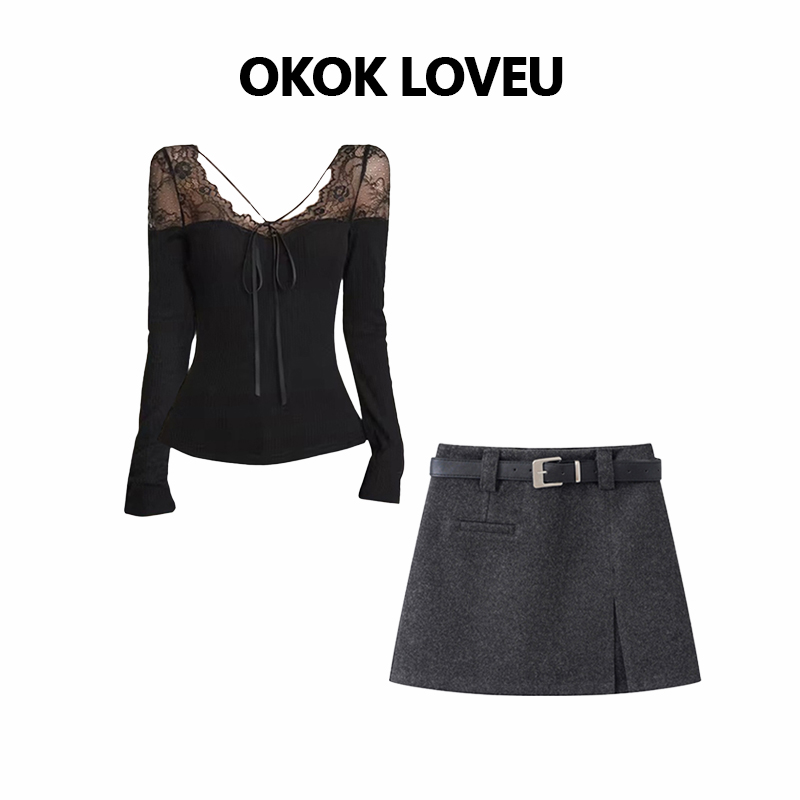 夜莺与玫瑰蕾丝上衣毛呢短裙套装