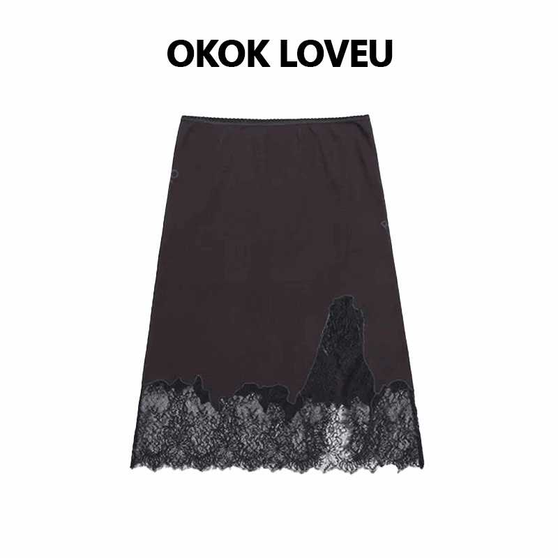 轻薄刺绣蕾丝小开叉半身裙女秋冬
