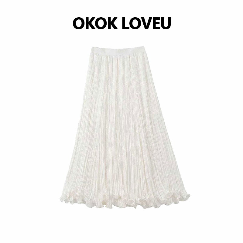 OKOK LOVEU【法式纱裙】温柔白色褶皱半身裙女中长款木耳边a字裙