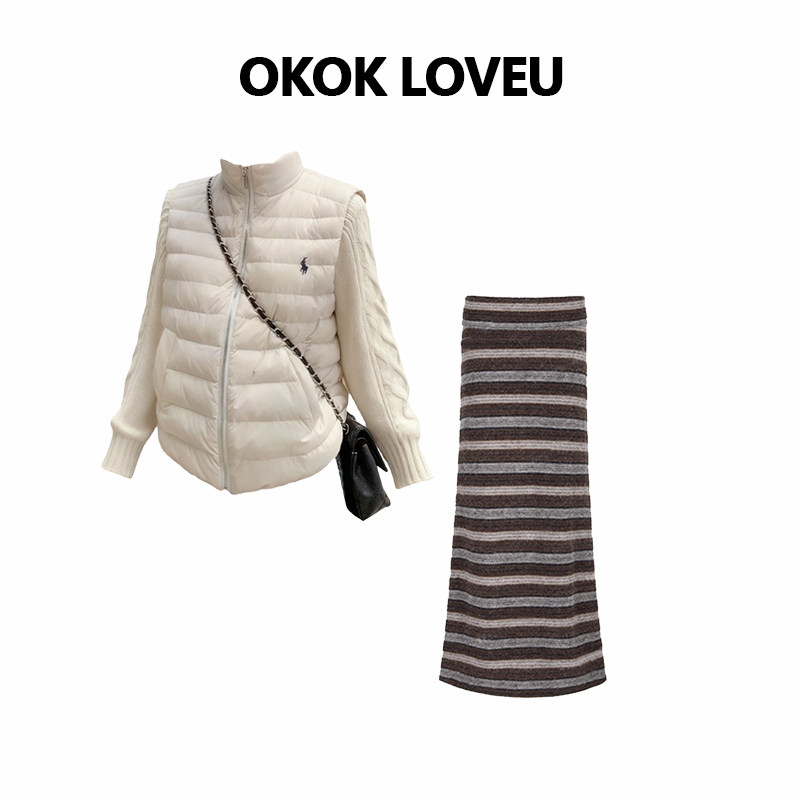 OKOK LOVEU小香风针织拼接羽绒马甲条纹针织毛呢半身裙女休闲套装,女装/女士精品,时尚套装,淘宝优惠券,粉丝福利购,淘宝优惠卷