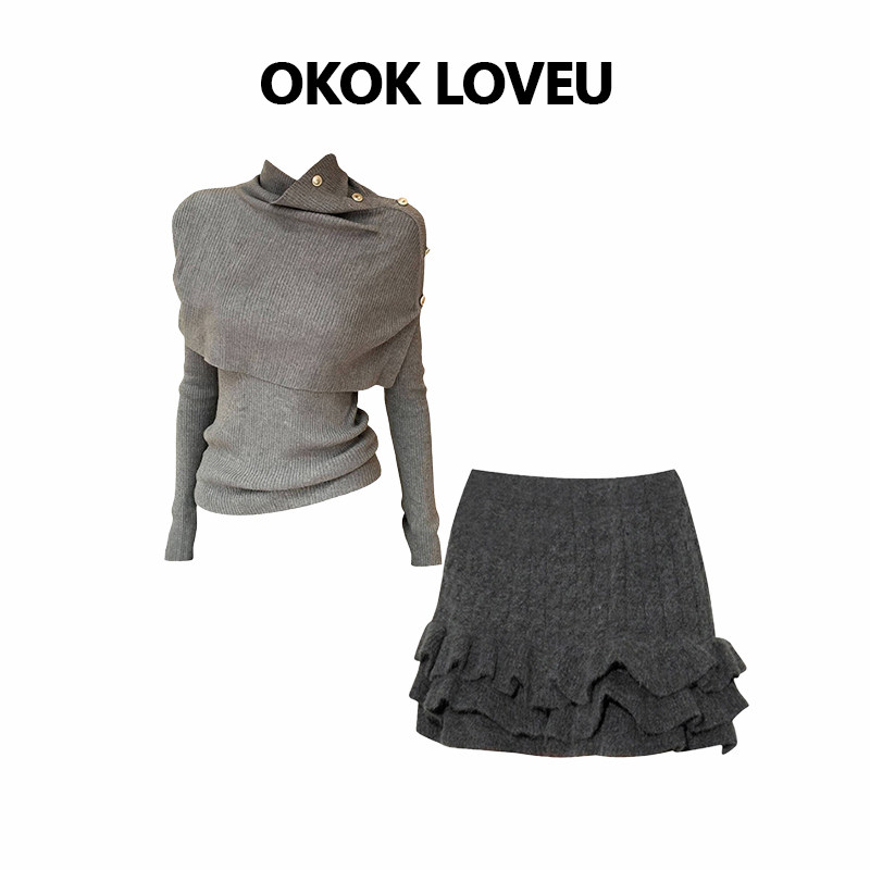 OKOK LOVEU 【静垒之温】高领设计感针织衫毛绒短裙女时尚套装,女装/女士精品,时尚套装,淘宝优惠券,粉丝福利购,淘宝优惠卷