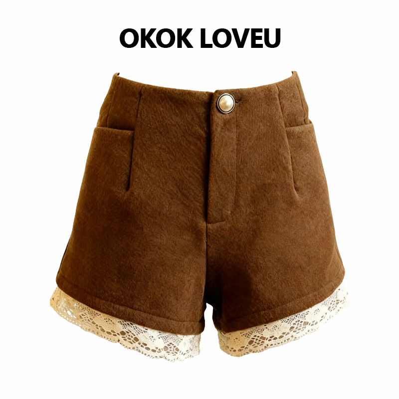 质感至上秋冬A版短裤蕾丝边修身显瘦百搭裤子女毛呢设计感休闲裤