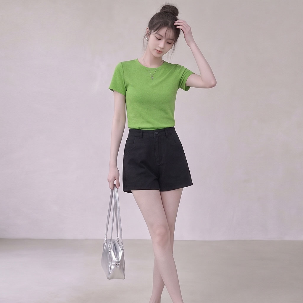 夏季女绿T恤短裤两件套显瘦