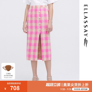 新款 歌力思奧萊夏季 棉質(zhì)紅粉格開衩鉛筆裙女EWW342Q02300