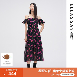 新款 歌力思奥莱夏季 甜美印花一字肩连衣裙女EWD342Y00700