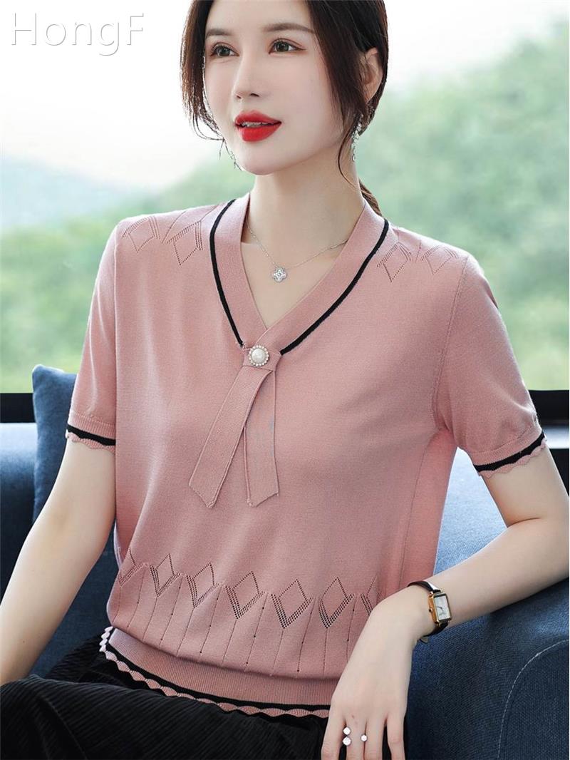 洋气妈妈夏短袖t恤中年女装气质薄款上衣中老年套装夏季针织小衫