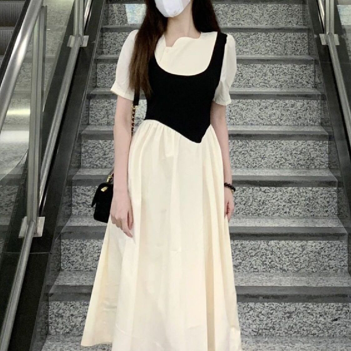 法式甜美拼接气质收腰减龄假两件连衣裙子女学生夏季感初恋裙