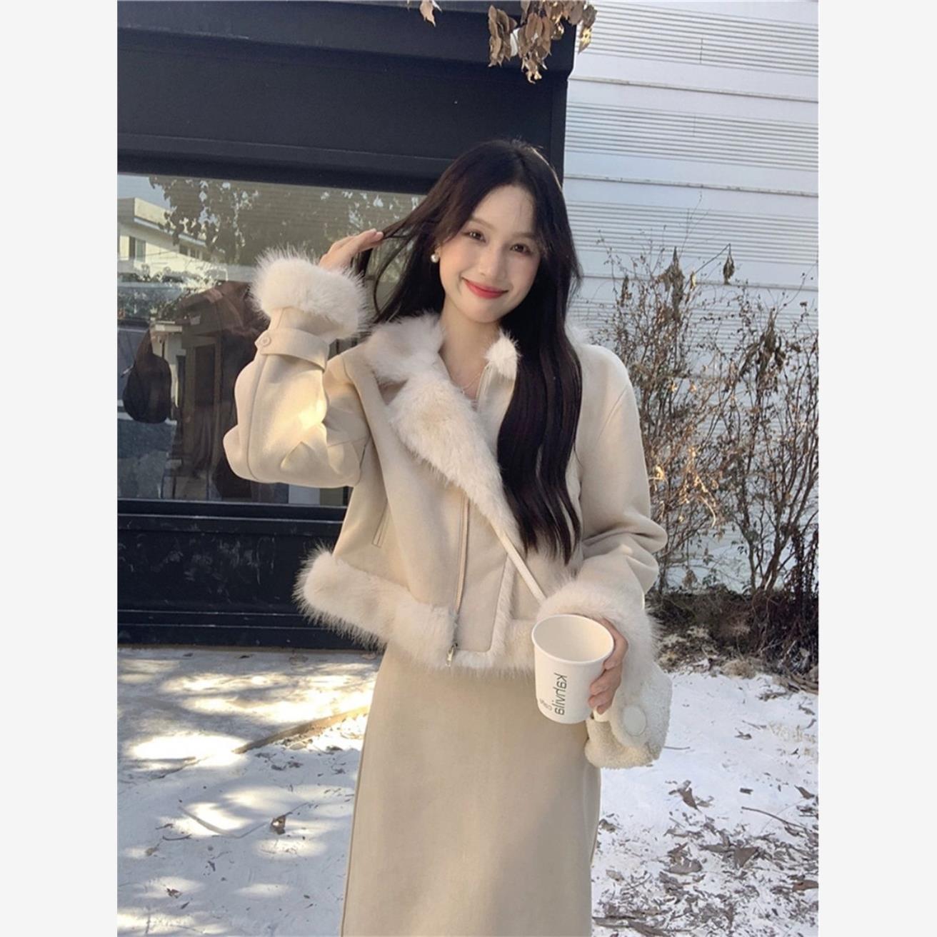 千金香风加厚外套拼接半身裙冬季2024新款时尚气质两件套套装