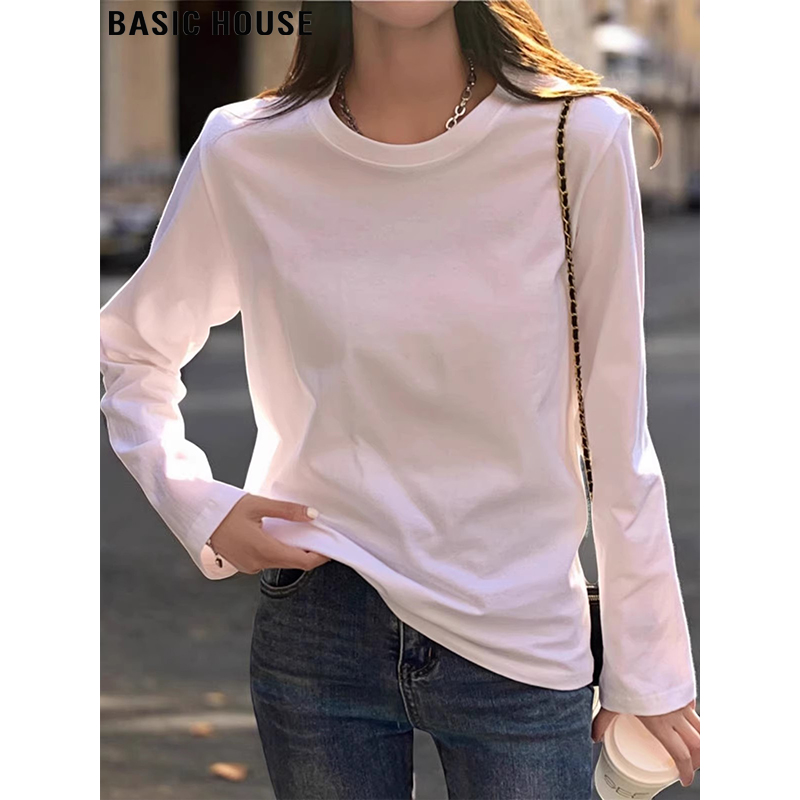 Basic House/百家好简约白色圆领加绒长袖T恤女2025秋冬打底上衣