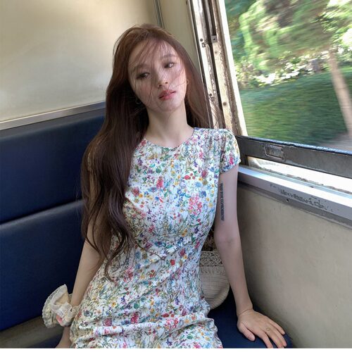 neurcz 莫奈花信 短袖碎花纯棉连衣裙女春夏圆领长短款修身收腰裙