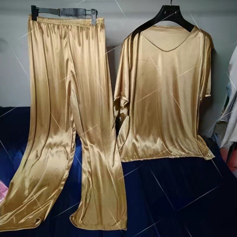 男女可穿半袖丝滑套装睡衣睡裤两件套高档冰滑丝上春夏弹力柔软凉
