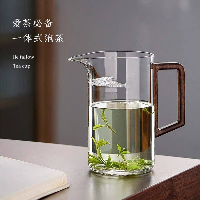 加厚高硼硅玻璃杯木把月牙公道杯茶水分离月牙壶带盖公道杯有盖图片