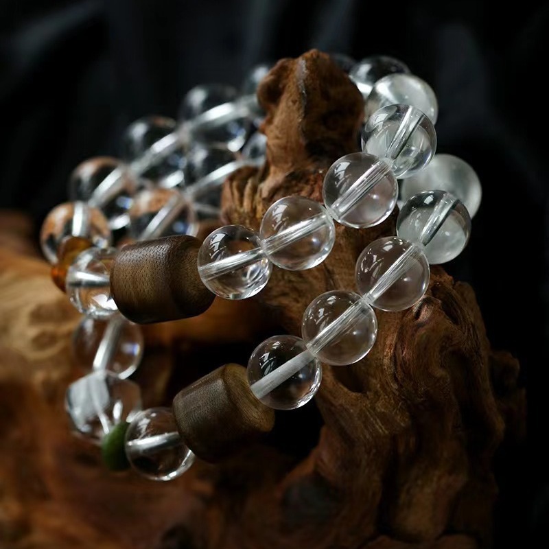 天然白水晶12mm3A搭配沉香檀木