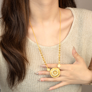 莲花八宝罗盘沙金项链镶钻仿真黄金毛衣链女款新中式国风金色首饰