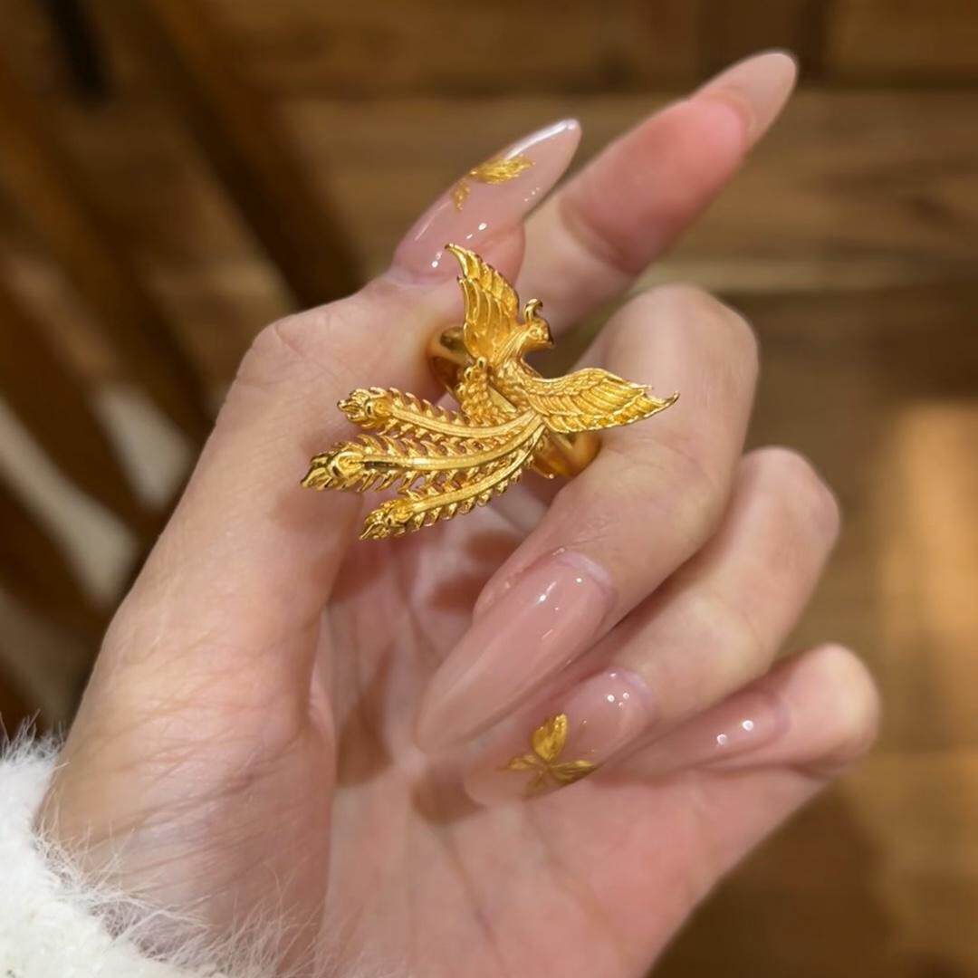 黄金色凤凰戒指女孔雀可调节结订婚仿真三金五金拍照婚嫁指环对戒