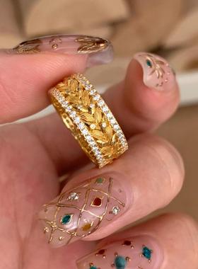 麦穗沙金戒指女穗穗平安食指戒轻奢高级感满钻电镀星河黄金色指环