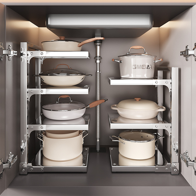 304不锈钢锅具收纳层架厨房整体橱柜内分层锅架多功能家用水槽下