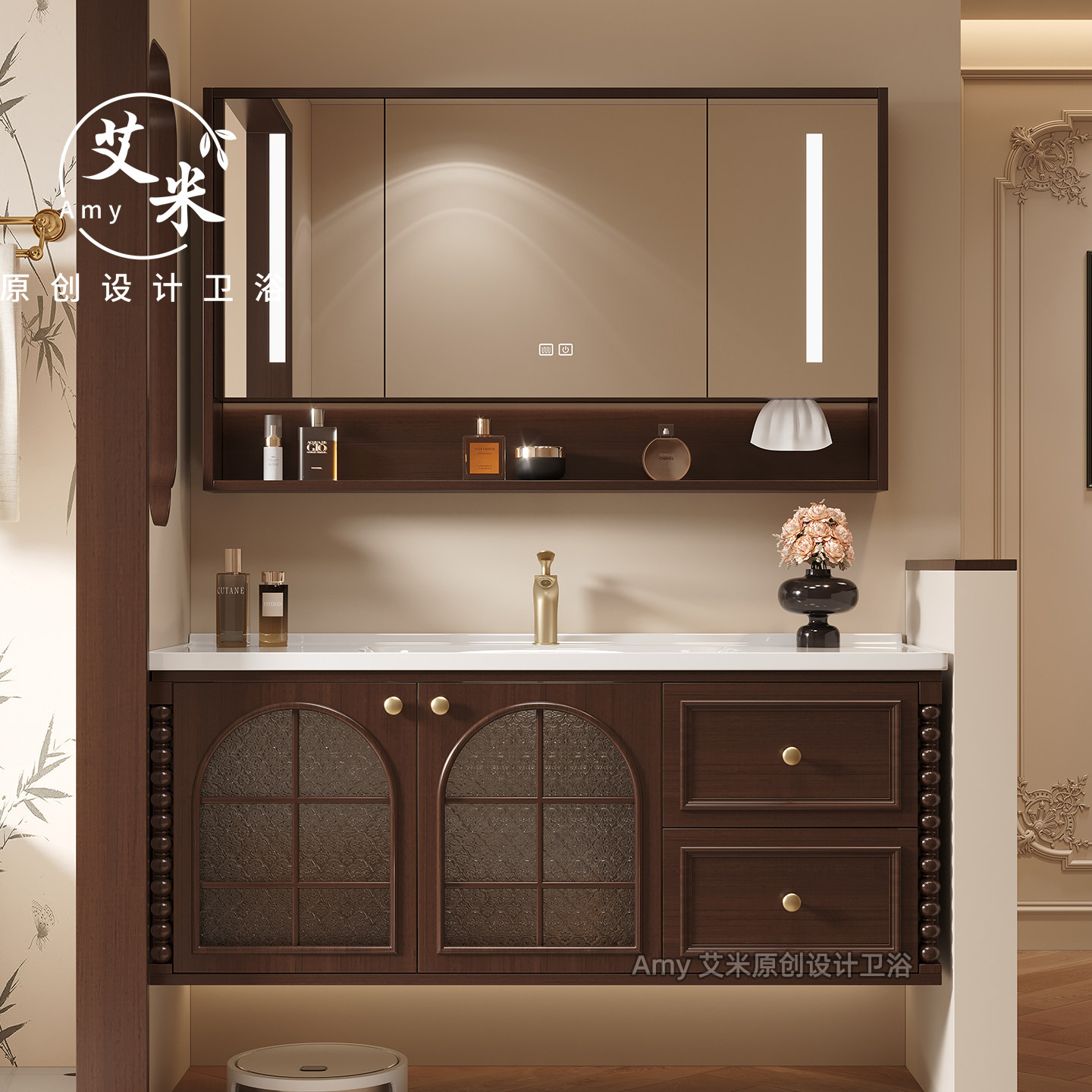 法式复古风岩板浴室柜组合吊柜式智能镜柜实木橡木洗手盆柜卫生间