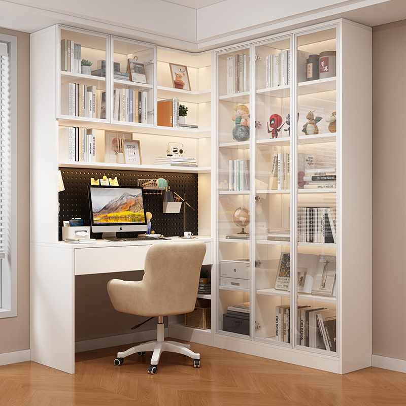 书桌书架一体轻奢家用双人办公桌卧室靠墙学习桌转角桌书柜组合