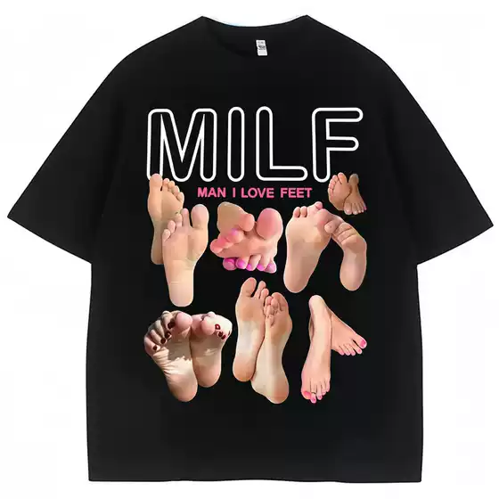 MILF Man I Love Feet Funny Footprint Graphic Cotton Oversize T-Shirt for Men and Women