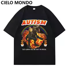 Autism Funny Cat European and American Creative Trendy Dinosaur Pattern Large Size Pure Cotton Short-Sleeved T-Shirt Men's Top