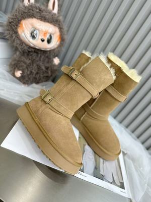 2025秋冬新款时尚百搭真皮羊毛双带骑士靴保暖高筒雪地靴女