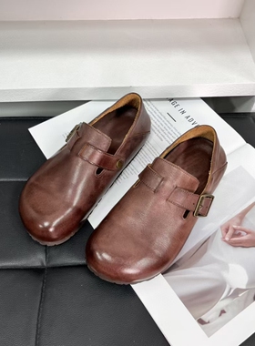 -Kamp-K 2025年夏季新款真皮复古风圆头马皮带扣舒适包头鞋勃肯鞋