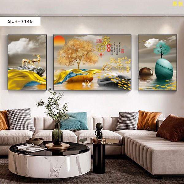 客厅三联画轻奢沙发背景墙挂画简约麋鹿大气晶瓷壁画楼梯间装饰画图片