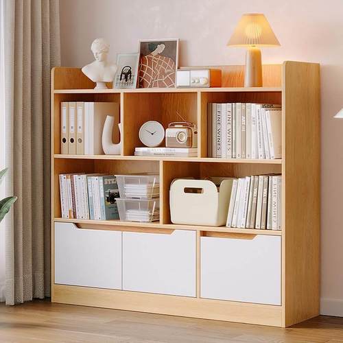 家用落地书架靠墙多层带柜门储物展示格子架客厅置物架组合书柜